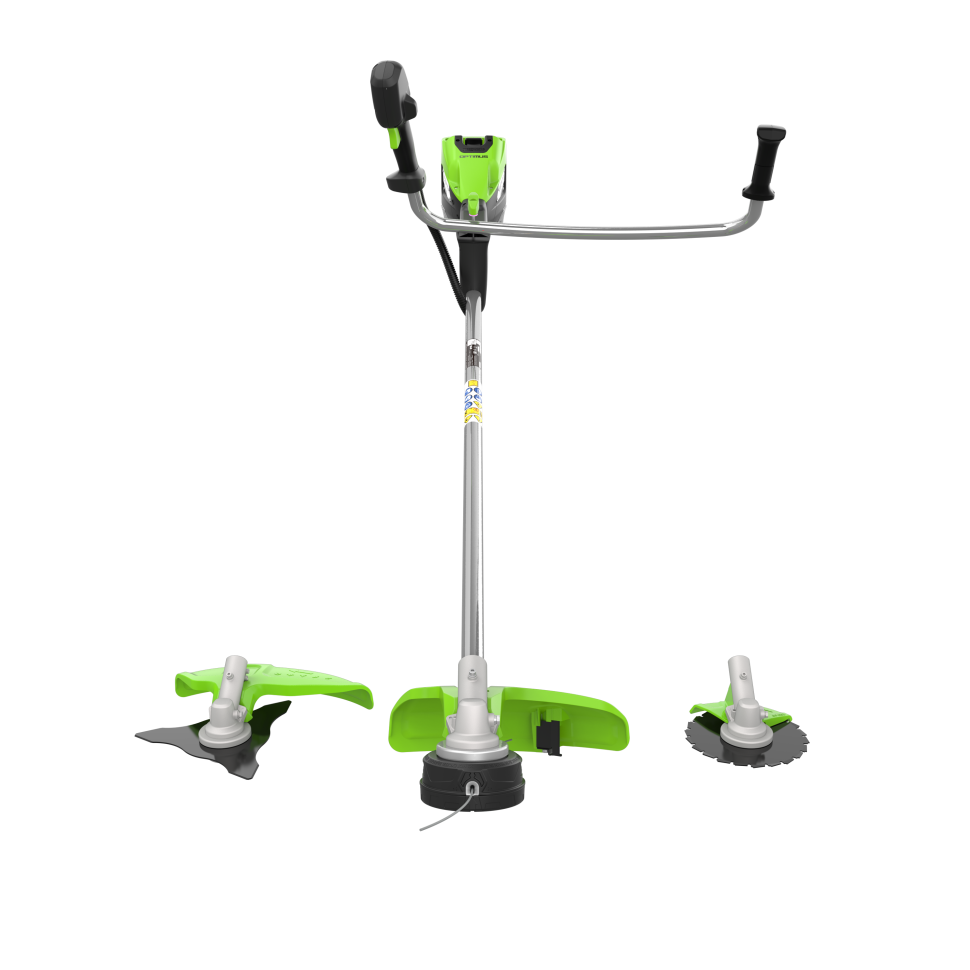 Аккумуляторный триммер Greenworks TB201Hk8, 82v, 46 см, ø 2.4/3 мм, 2 кВт (2,7 л.с.), в комплекте с АКБ 8 А·ч и ЗУ (насадки нож и кусторез)