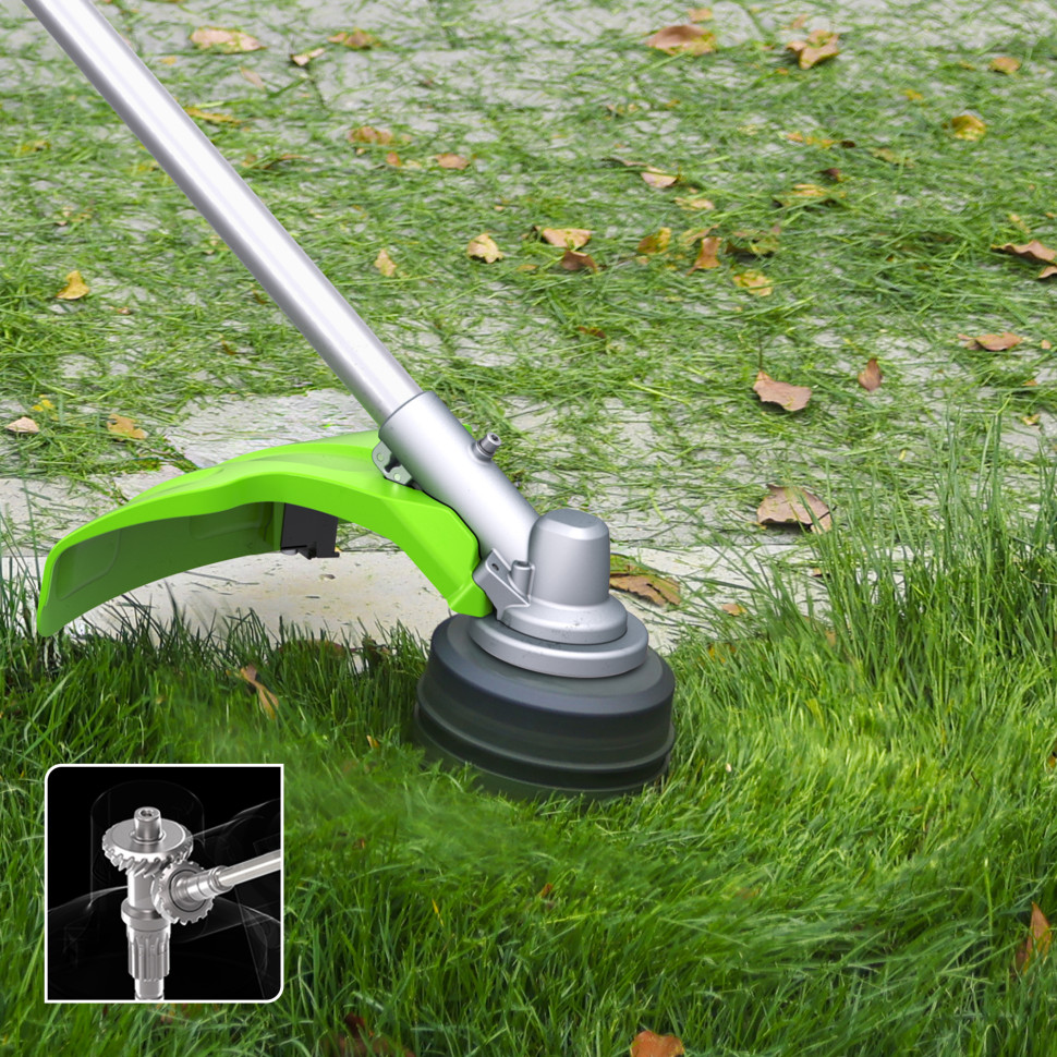 Аккумуляторный триммер Greenworks TB201Hk8, 82v, 46 см, ø 2.4/3 мм, 2 кВт (2,7 л.с.), в комплекте с АКБ 8 А·ч и ЗУ (насадки нож и кусторез)