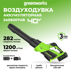 Аккумуляторный воздуходув Greenworks GD40BG3k4, 40v, 306 км/ч, 1242 м³/ч, 1,26 кВт (1,7 л.с.), в комплекте с АКБ 4 А·ч и ЗУ