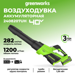 Аккумуляторный воздуходув Greenworks GD40BG3k8, 40v, 306 км/ч, 1242 м³/ч, 1,26 кВт (1,7 л.с.), в комплекте с АКБ 8 А·ч и ЗУ