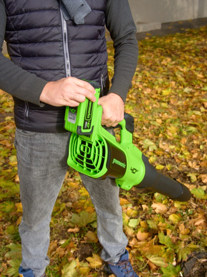 Воздуходув Greenworks GD40BG3k8, 40v, 306 км/ч, 1.26 кВт, в комплекте с АКБ 8 А·ч и ЗУ (аккумуляторный)