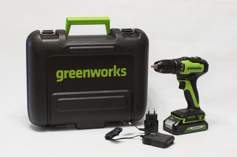 Дрель-шуруповерт Greenworks GD24DD35k2, 24v, 35 Нм, в комплекте АКБ 2 А·ч и ЗУ (аккумуляторная, кейс)