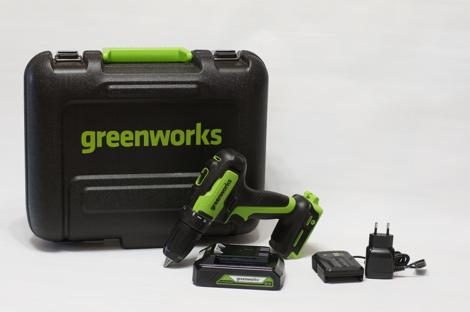 Дрель-шуруповерт Greenworks GD24DD35k2, 24v, 35 Нм, в комплекте АКБ 2 А·ч и ЗУ (аккумуляторная, кейс)