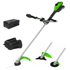 Аккумуляторный триммер Greenworks TB201H, 82v, 46 см, ø 2.4/3 мм, 2 кВт (2,7 л.с.), в комплекте с АКБ 5 А·ч и ЗУ (насадки нож и кусторез)