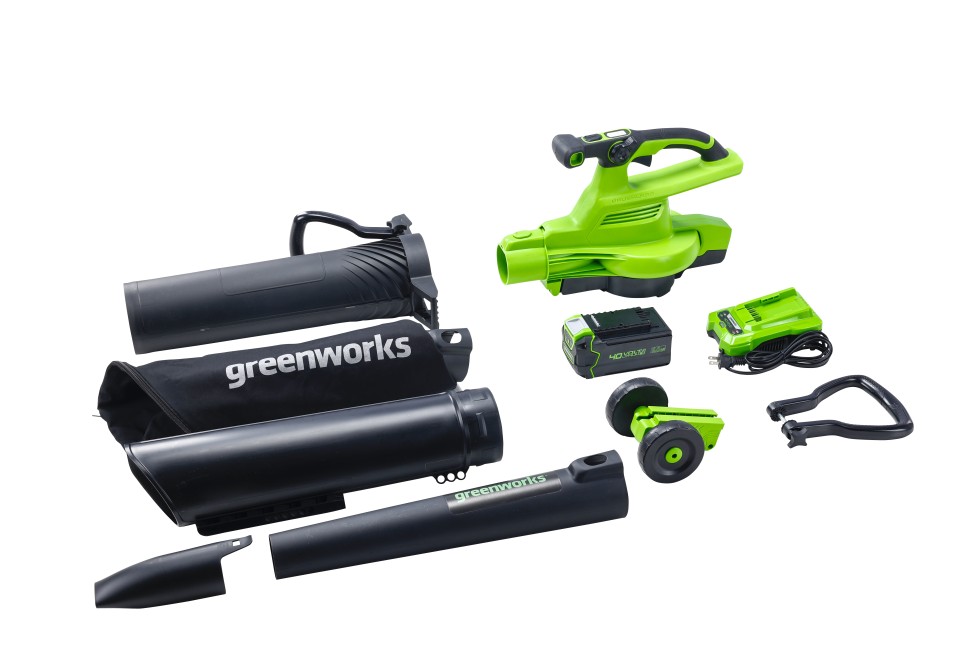 Садовый пылесос и воздуходув Greenworks GD40BVIIk8, 40v, в комплекте с АКБ 8 А·ч и ЗУ (аккумуляторный, 2в1)