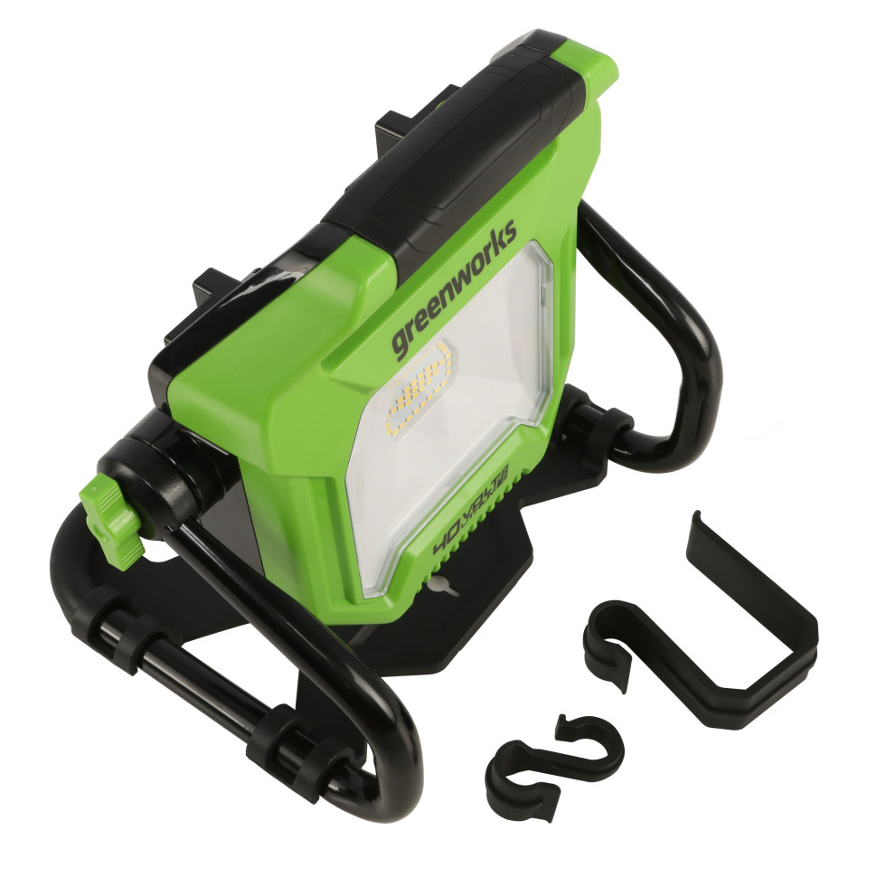 LED-прожектор Greenworks G40WLH с гибридным питанием, 40V / 220V, 1000/2000 лм, крюк для подвеса, крепление на стену, кабель 30 см, без АКБ и ЗУ
