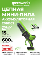 Цепная пила Greenworks GD24CS15, 24v, 15 см, 600 Вт, автоподача масла, без АКБ и ЗУ (аккумуляторная, мини) в сумке