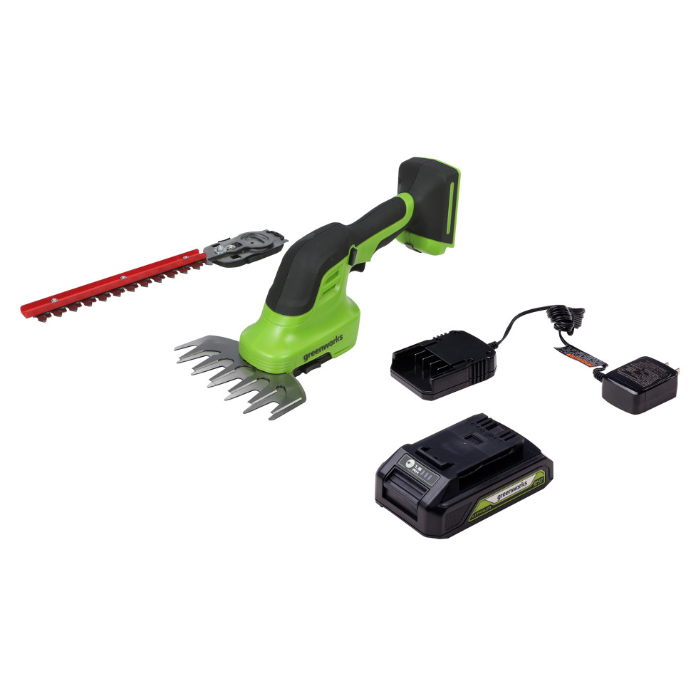 Аккумуляторные садовые ножницы-кусторез Greenworks G24SHTk4, 24v, 12 см (ножницы), 20 см (лезвие), в комплекте с АКБ 4 А·ч и ЗУ