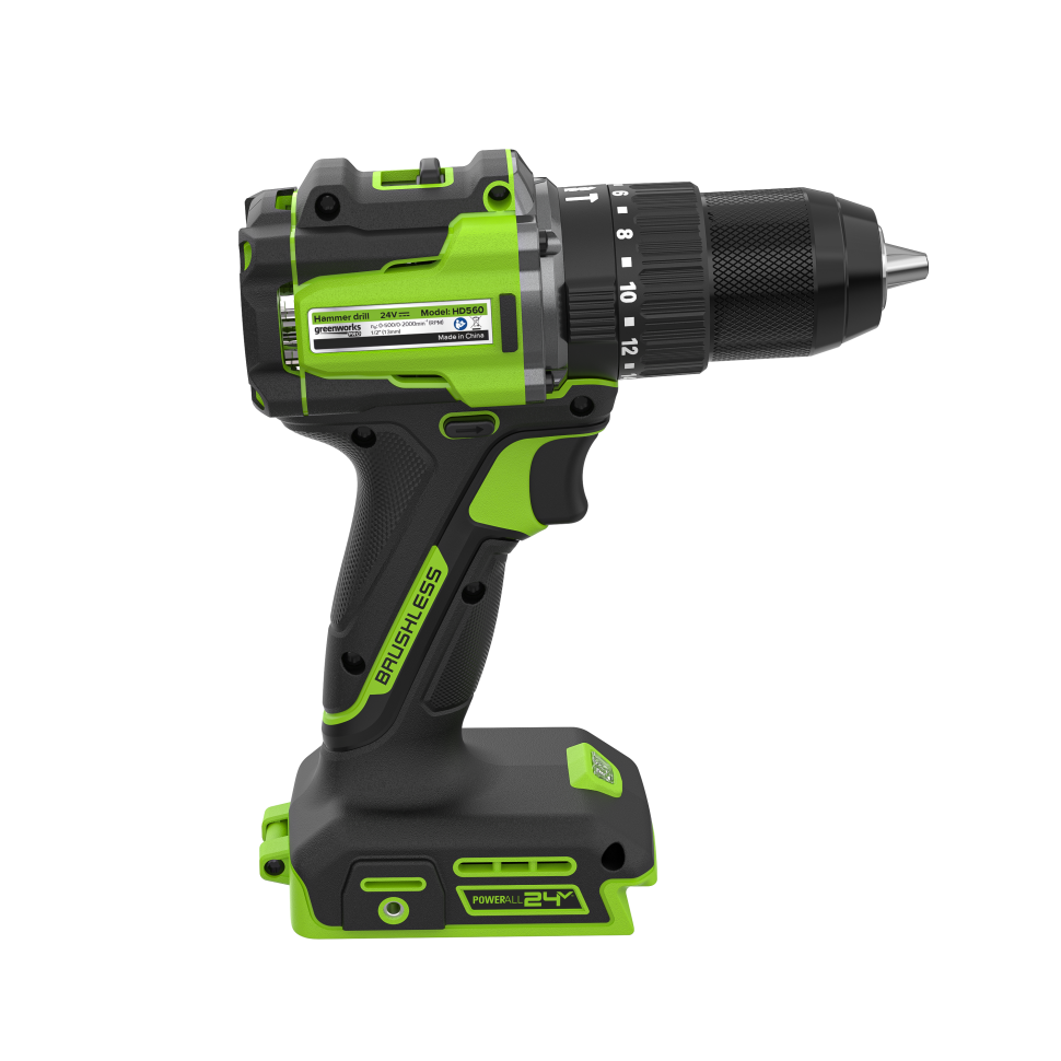 Дрель-шуруповерт ударная акк. Greenworks HD560, 24V, б/щет, 0-500 / 0-2000 об/мин, 30/60 Нм, 13мм, Anti-kickback, без АКБ и ЗУ