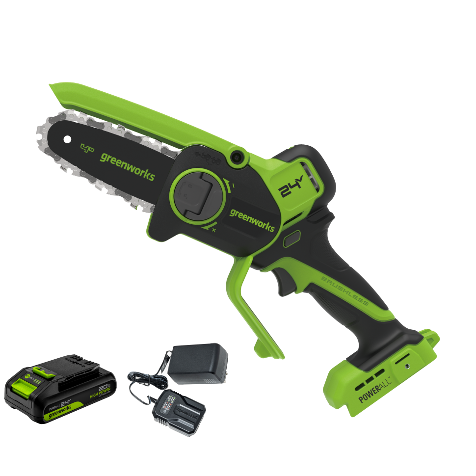 Цепная мини пила аккумуляторная Greenworks CS2410A,  24V, 10см, бесщёточная, с автоматической смазкой цепи, c 1хАКБ 2Ач и ЗУ
