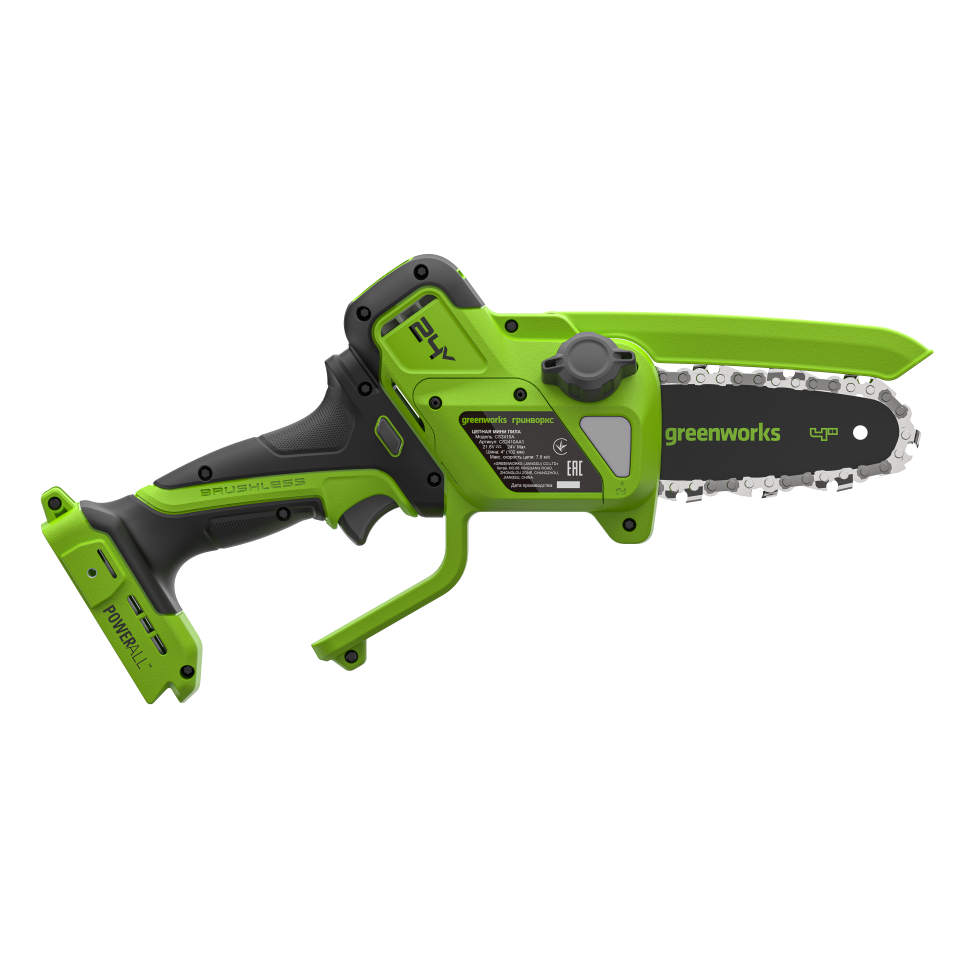 Цепная мини пила аккумуляторная Greenworks CS2410A,  24V, 10см, бесщёточная, с автоматической смазкой цепи, c 1хАКБ 2Ач и ЗУ