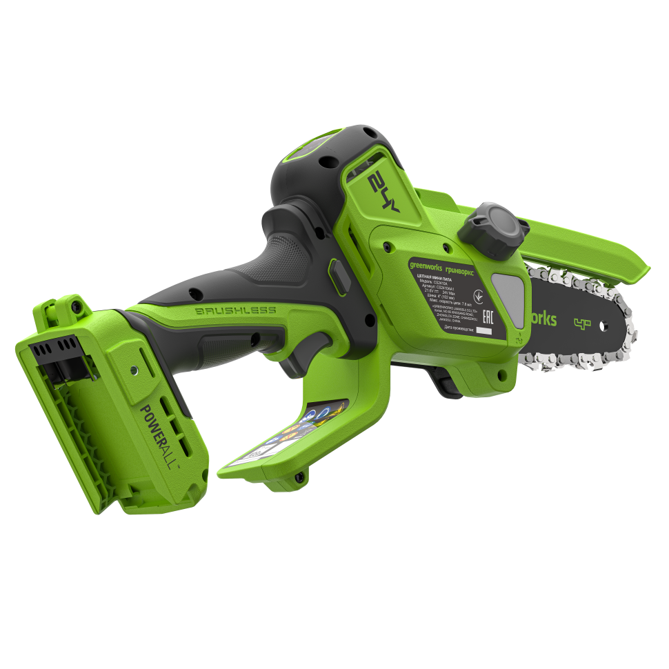Цепная мини пила аккумуляторная Greenworks CS2410A,  24V, 10см, бесщёточная, с автоматической смазкой цепи, c 1хАКБ 2Ач и ЗУ