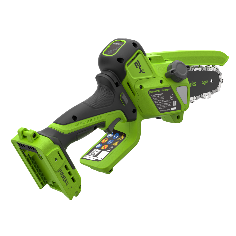 Цепная мини-пила аккумуляторная Greenworks CS2410A,  24V, 10см, бесщёточная, с автоматической смазкой цепи, c 1хАКБ 4Ач и ЗУ 
