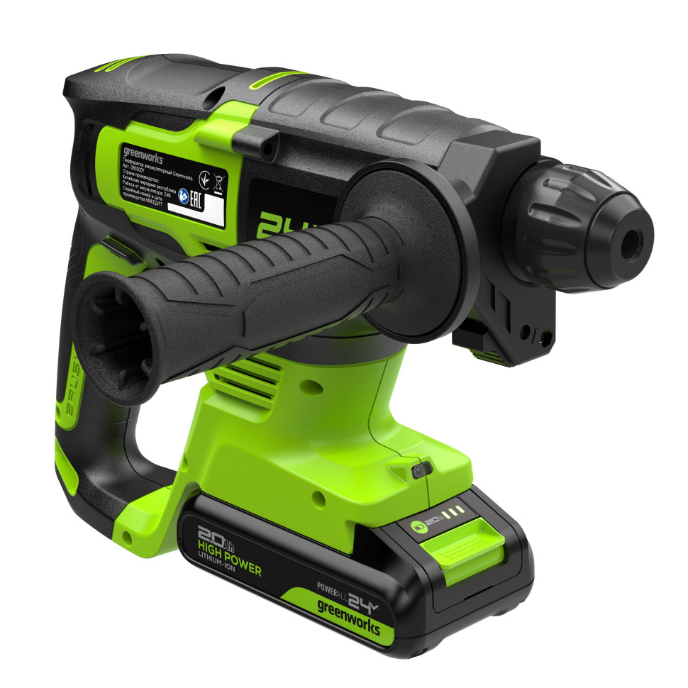 Перфоратор акк. Greenworks RH324, 24V, б/щет, SDS+, 2 Дж, 4500 уд/мин, 24 мм,1х2Ач,ЗУ