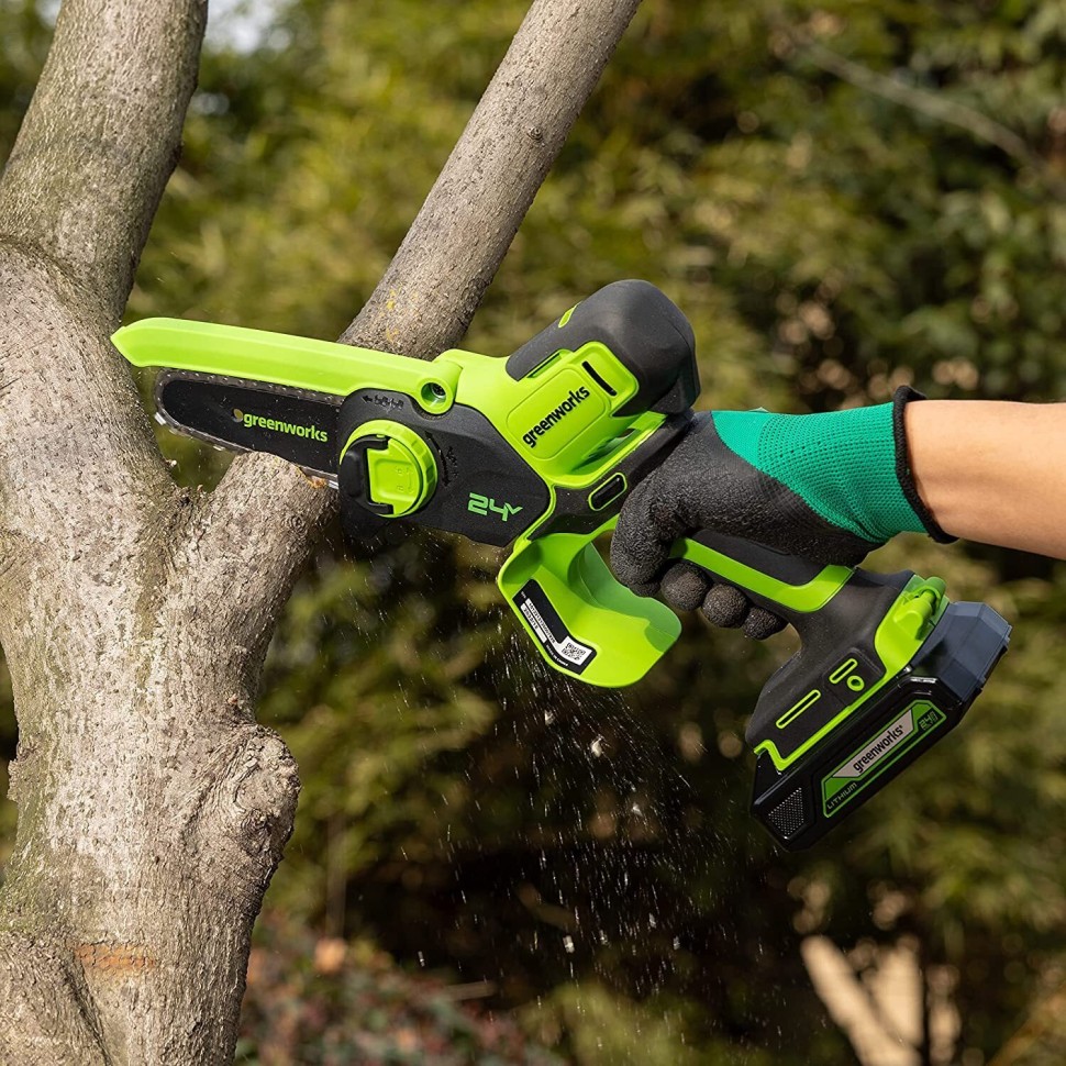 Цепная пила Greenworks G24MCS10k2, 24v, 10 см, в комплекте с АКБ 2 А·ч ...