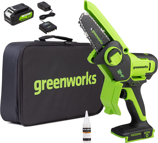 Цепная пила Greenworks G24MCS10k2, 24v, 10 см, в комплекте с АКБ 2 А·ч и ЗУ (аккумуляторная, мини)