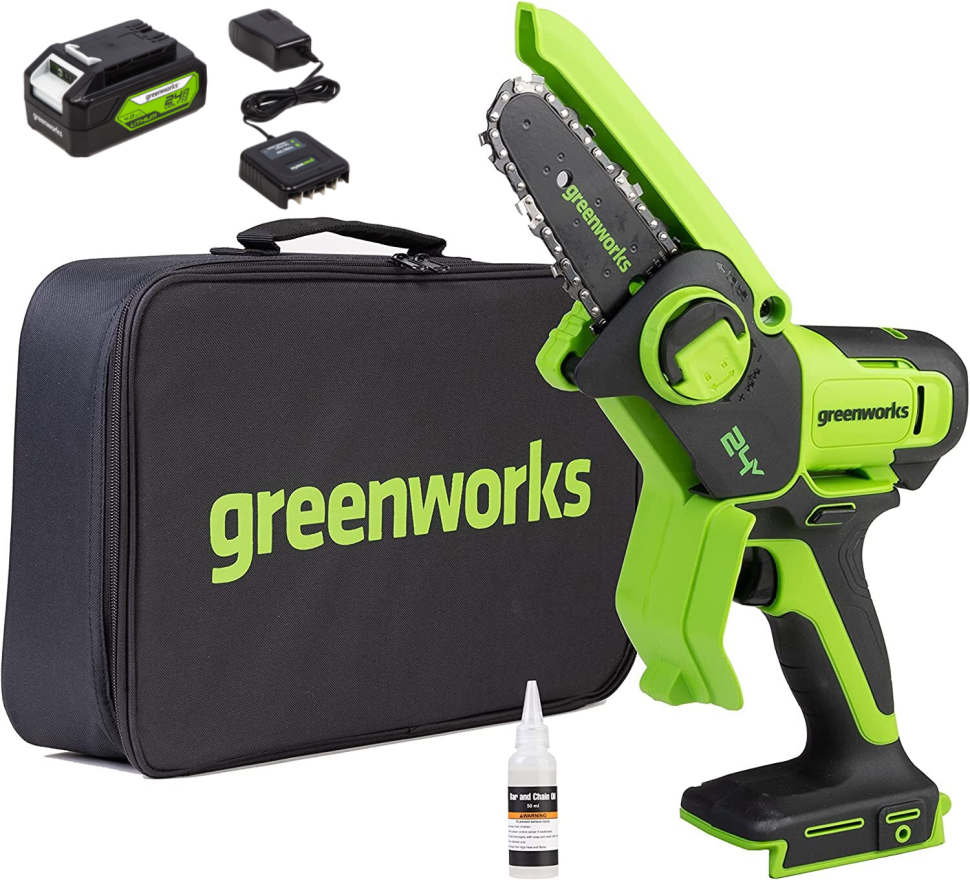 Цепная пила Greenworks G24MCS10k4, 24v, 10 см, в комплекте c АКБ 4 А·ч и ЗУ  (аккумуляторная, мини) в сумке, 2008207UB купить в официальном магазине  Greenworks по выгодной цене 11 970 руб. с