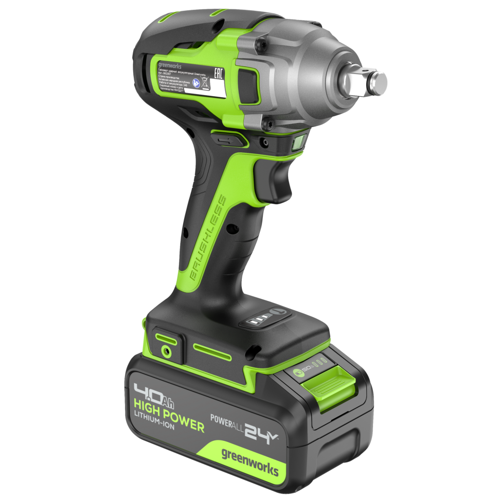 Аккумуляторный гайковерт ударный Greenworks GD24IW400, 24v, 1/2'', 400Нм, 4Ач и ЗУ