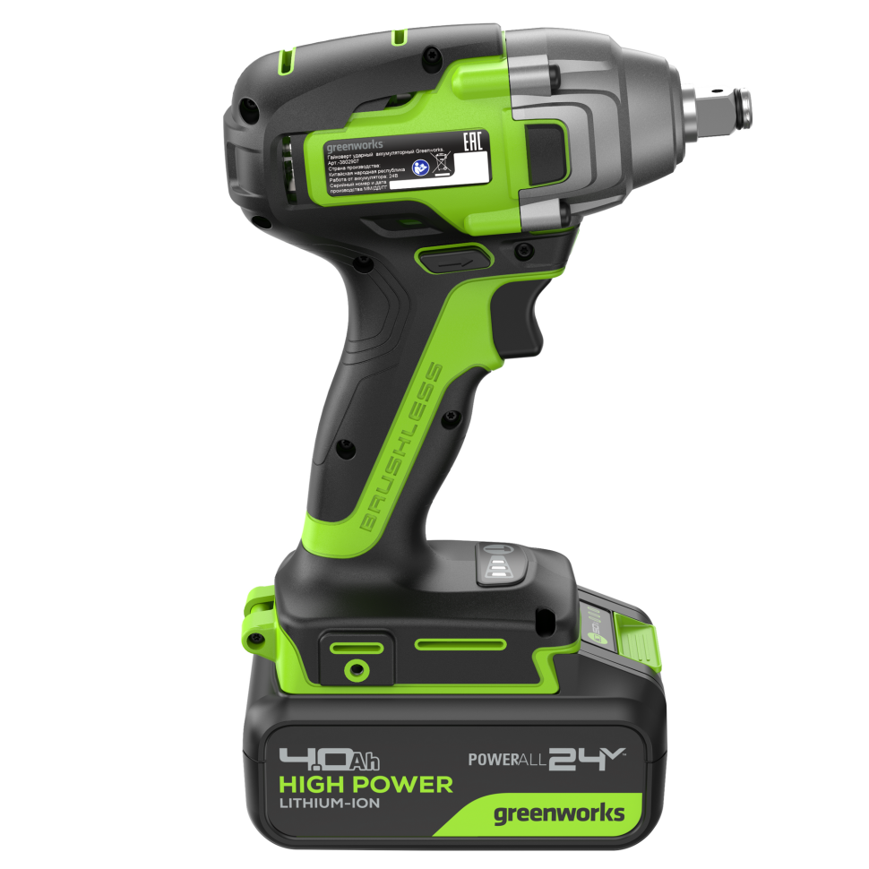 Аккумуляторный гайковерт ударный Greenworks GD24IW400, 24v, 1/2'', 400Нм, 4Ач и ЗУ