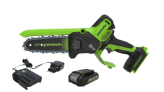 Цепная мини пила аккумуляторная Greenworks GD24CS15, 24V, 15см, бесщеточная, с автоматической смазкой цепи, c АКБ 2Ач и ЗУ  в сумке