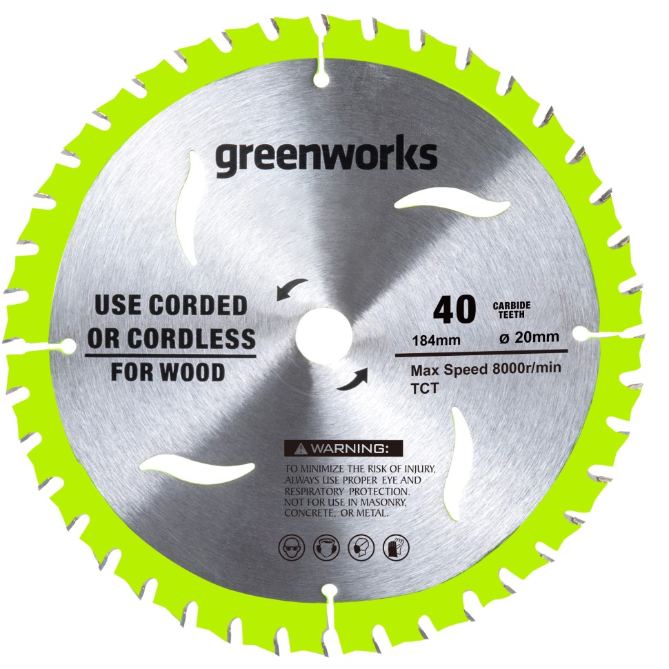 Диск пильный по дереву для циркулярной пилы Greenworks, Арт. 2943307, 184x20 мм, 40T