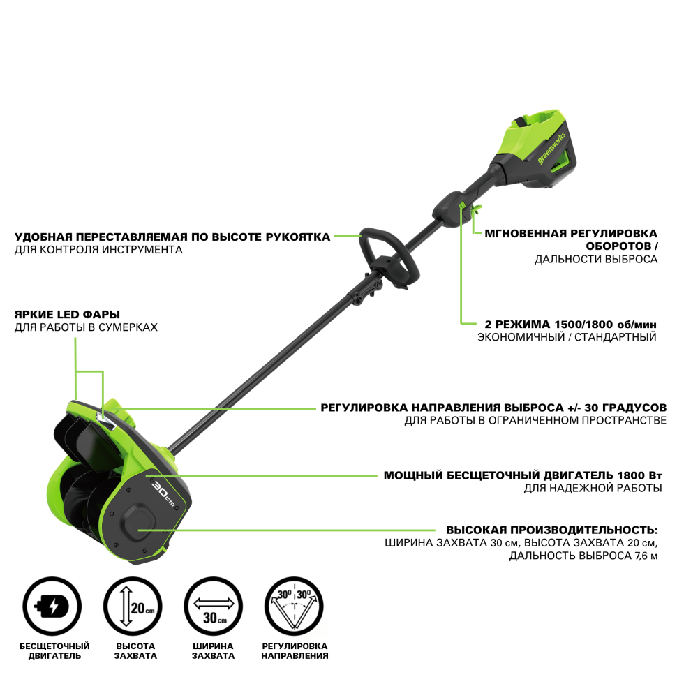 Снегоуборочная лопата Greenworks GD60SS2k5, 60v, 30 см, 1.8 кВт, 2.4 л.с, с боковым выбросом, в комплекте АКБ 5 А·ч и ЗУ (аккумуляторная)