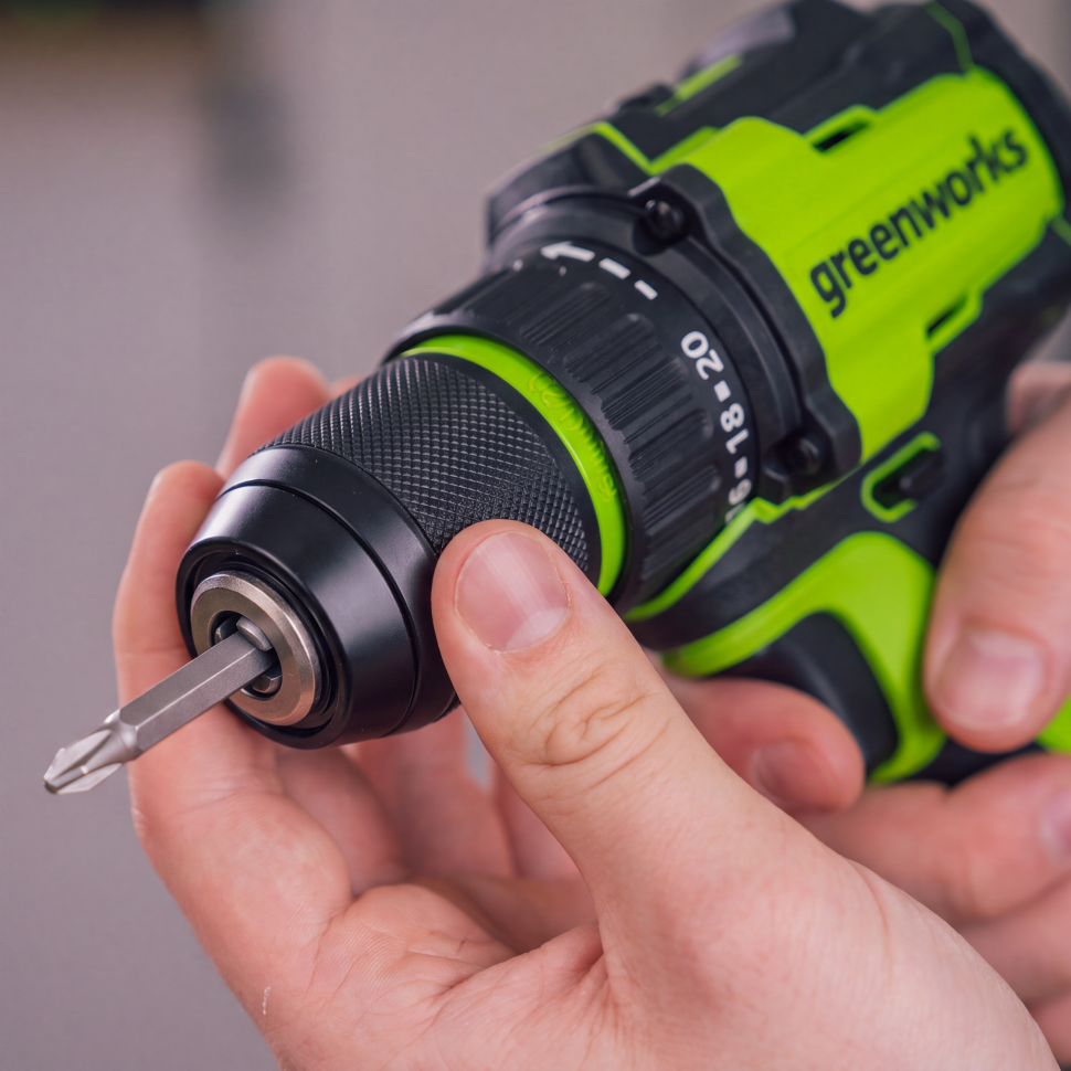 Дрель-шуруповерт акк. Greenworks DD350, 24V, б/щет, 27/50 Нм, 0-500 / 0-1900 об/мин, 1,5-13мм, без АКБ и ЗУ
