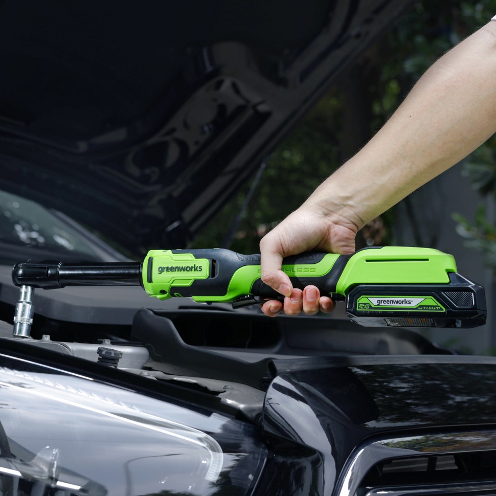 Гайковерт-трещотка акк. Greenworks GD24RWX удлиненная, 24V,б/щет,0-250об/мин, 1/2", 80Нм, 170 мм, без АКБ и ЗУ 