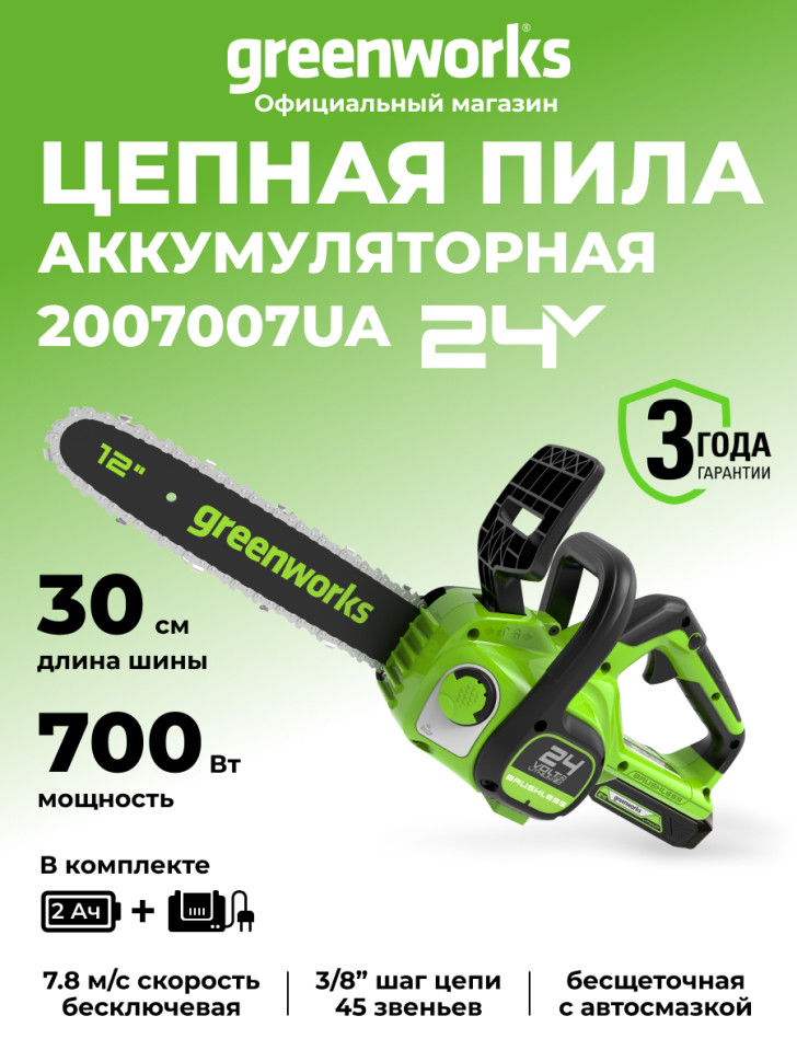 Цепная пила Greenworks GD24CS30k2, 24V, 30 см, в комплекте с АКБ 2 А·ч и ЗУ (аккумуляторная)