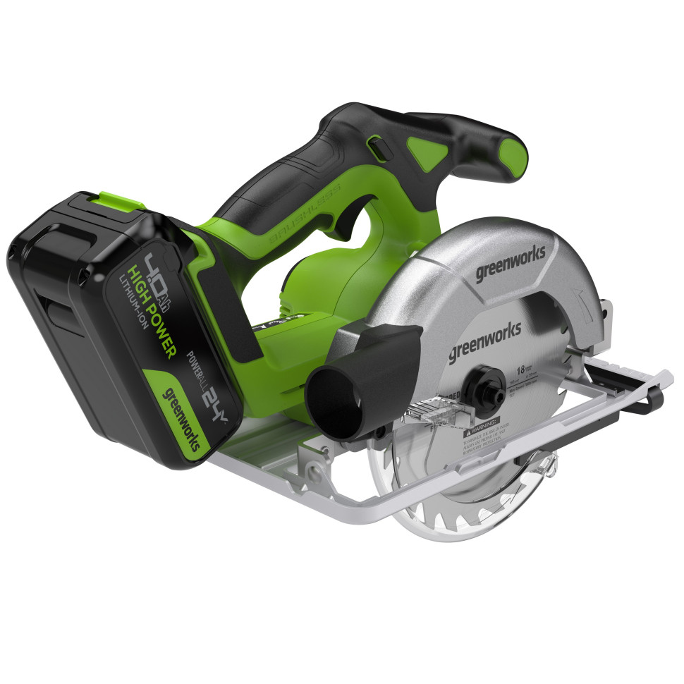 Дисковая пила акк. Greenworks GD24CS165, 24V,б/щет,165х20мм, 4800 об/мин, рез 57мм,1х4Ач,ЗУ,коробка