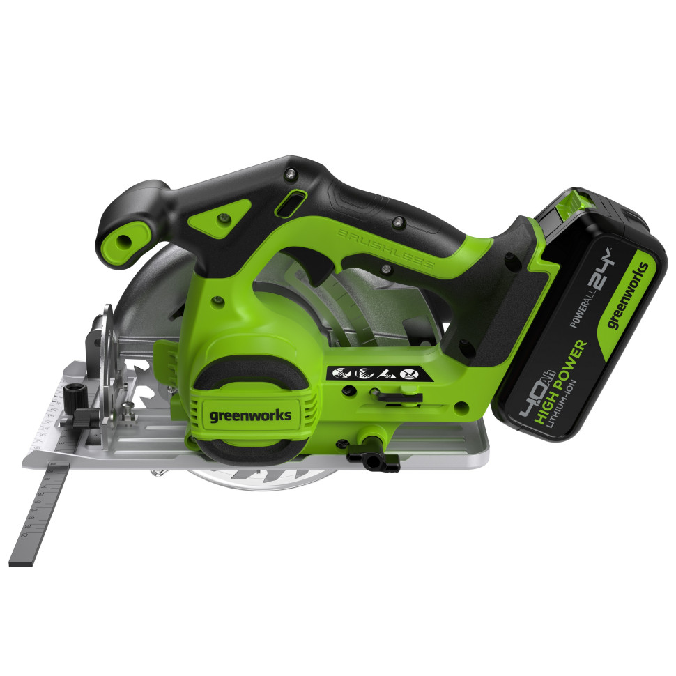 Дисковая пила акк. Greenworks GD24CS165, 24V,б/щет,165х20мм, 4800 об/мин, рез 57мм,1х4Ач,ЗУ,коробка