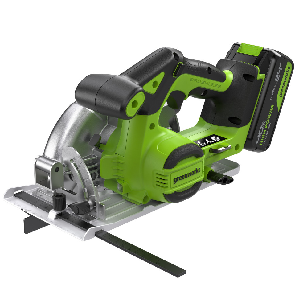 Дисковая пила акк. Greenworks GD24CS165, 24V,б/щет,165х20мм, 4800 об/мин, рез 57мм,1х4Ач,ЗУ,коробка