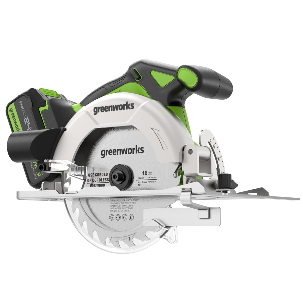 Дисковая пила акк. Greenworks GD24CS165, 24V,б/щет,165х20мм, 4800 об/мин, рез 57мм,1х5Ач,ЗУ,коробка