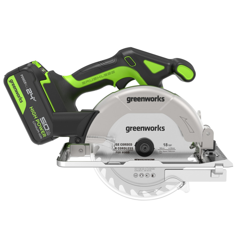 Дисковая пила акк. Greenworks GD24CS165, 24V,б/щет,165х20мм, 4800 об/мин, рез 57мм,1х5Ач,ЗУ,коробка