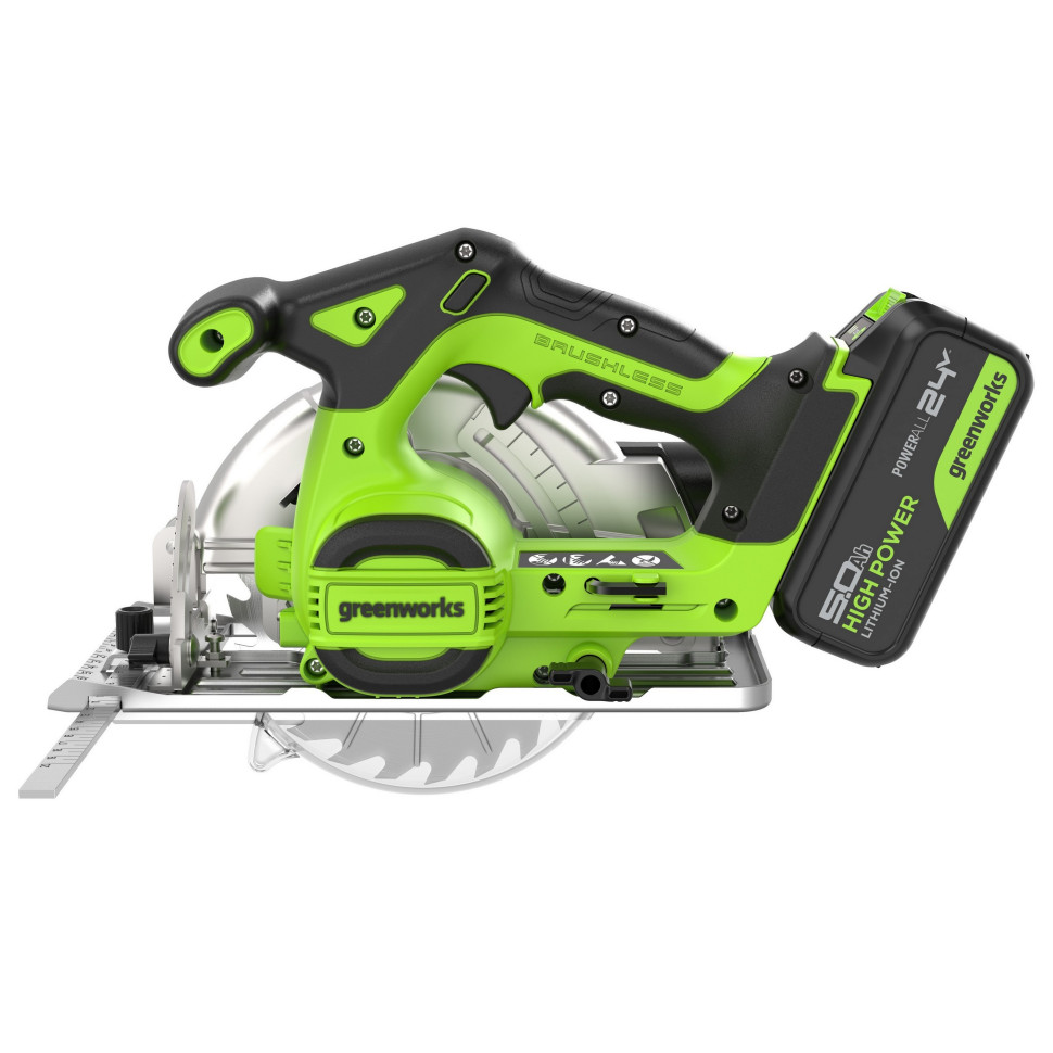 Дисковая пила акк. Greenworks GD24CS165, 24V,б/щет,165х20мм, 4800 об/мин, рез 57мм,1х5Ач,ЗУ,коробка