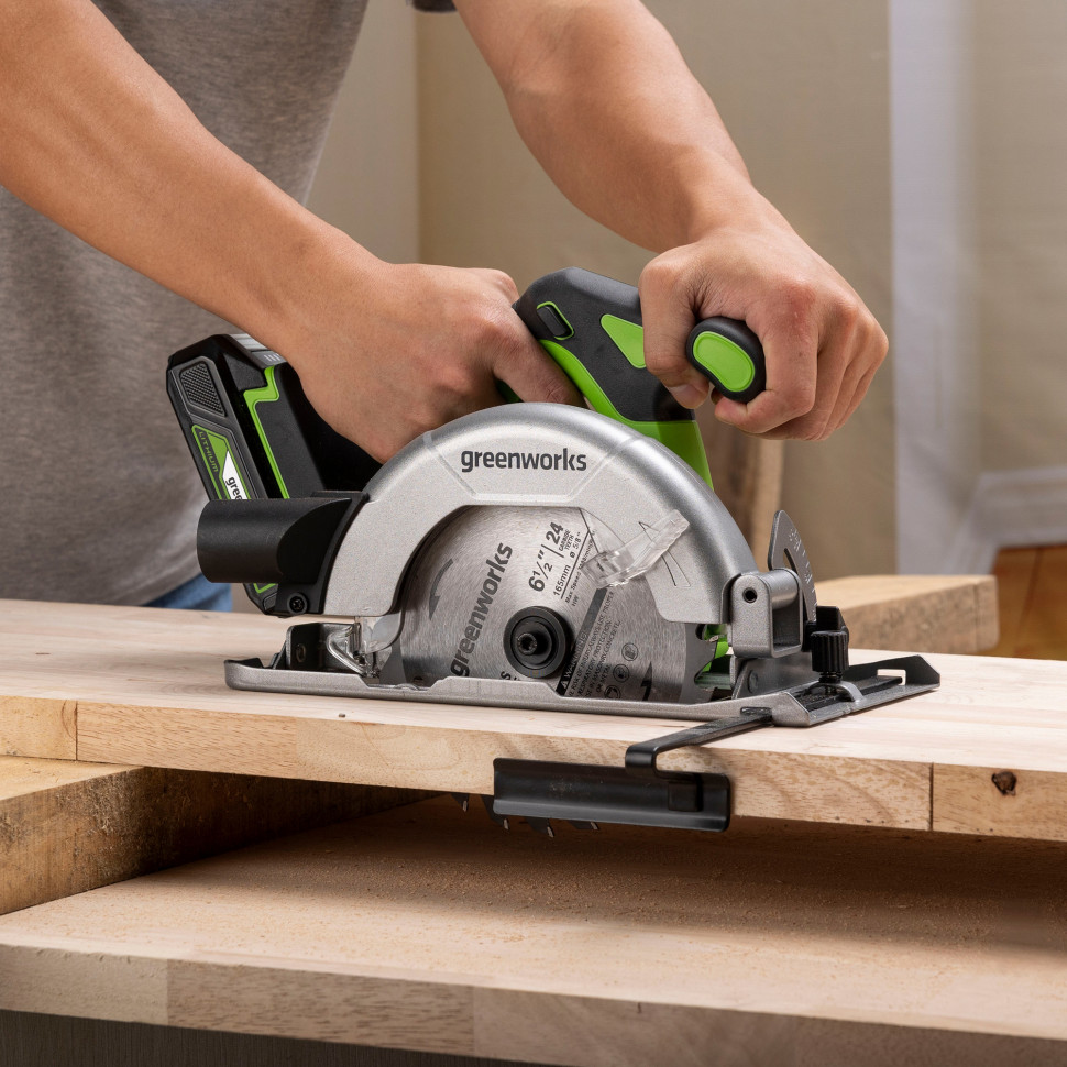 Дисковая пила акк. Greenworks GD24CS165, 24V,б/щет,165х20мм, 4800 об/мин, рез 57мм, без АКБ и ЗУ 