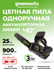 Цепная пила Greenworks GD40TCS (GS110) 40v, 25 см, без АКБ и ЗУ (аккумуляторная)
