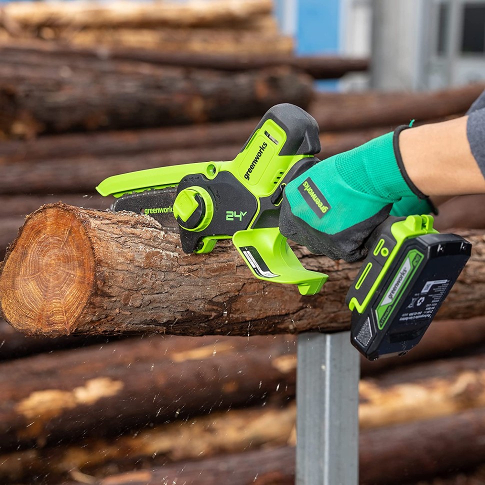 Цепная пила Greenworks G24MCS10, 24v, 10 см, без АКБ и ЗУ (аккумуляторная, мини) в сумке