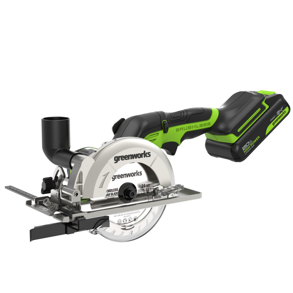 Дисковая мини пила акк. Greenworks G24MCS, 24V,б/щет,120x9,5мм, 6500 об/мин, рез 39мм,1х2Ач,ЗУ,коробка