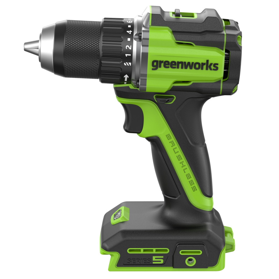 Дрель-шуруповерт акк. Greenworks DD560,24V, б/щет, 0-500/0-2000 об/мин, 30/60 Нм,13мм, Antikickback,LED,без АКБ и ЗУ