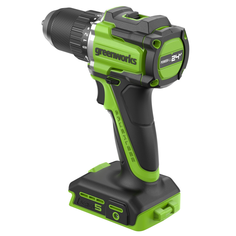 Дрель-шуруповерт акк. Greenworks DD560,24V, б/щет, 0-500/0-2000 об/мин, 30/60 Нм,13мм, Antikickback,LED,без АКБ и ЗУ