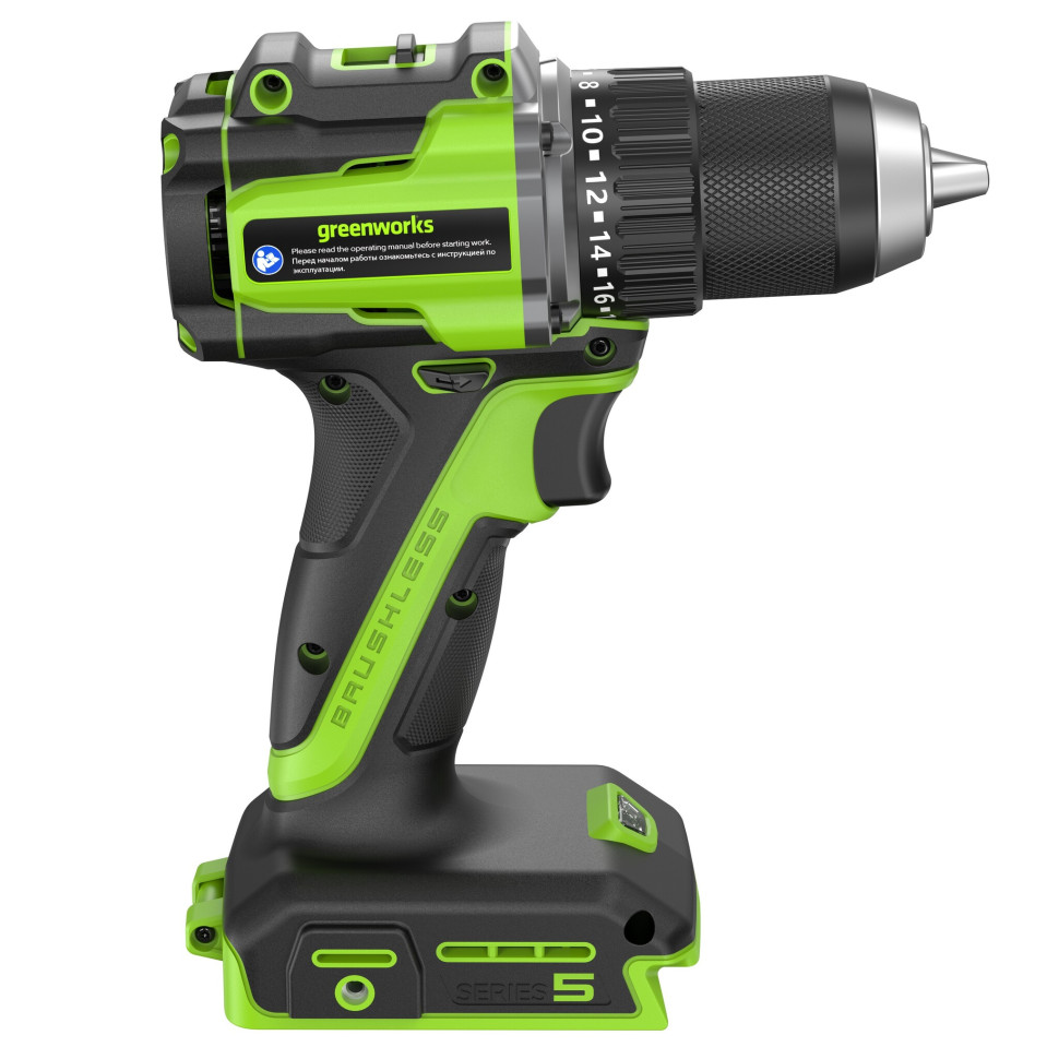 Дрель-шуруповерт акк. Greenworks DD560,24V, б/щет, 0-500/0-2000 об/мин, 30/60 Нм,13мм, Antikickback,LED,без АКБ и ЗУ