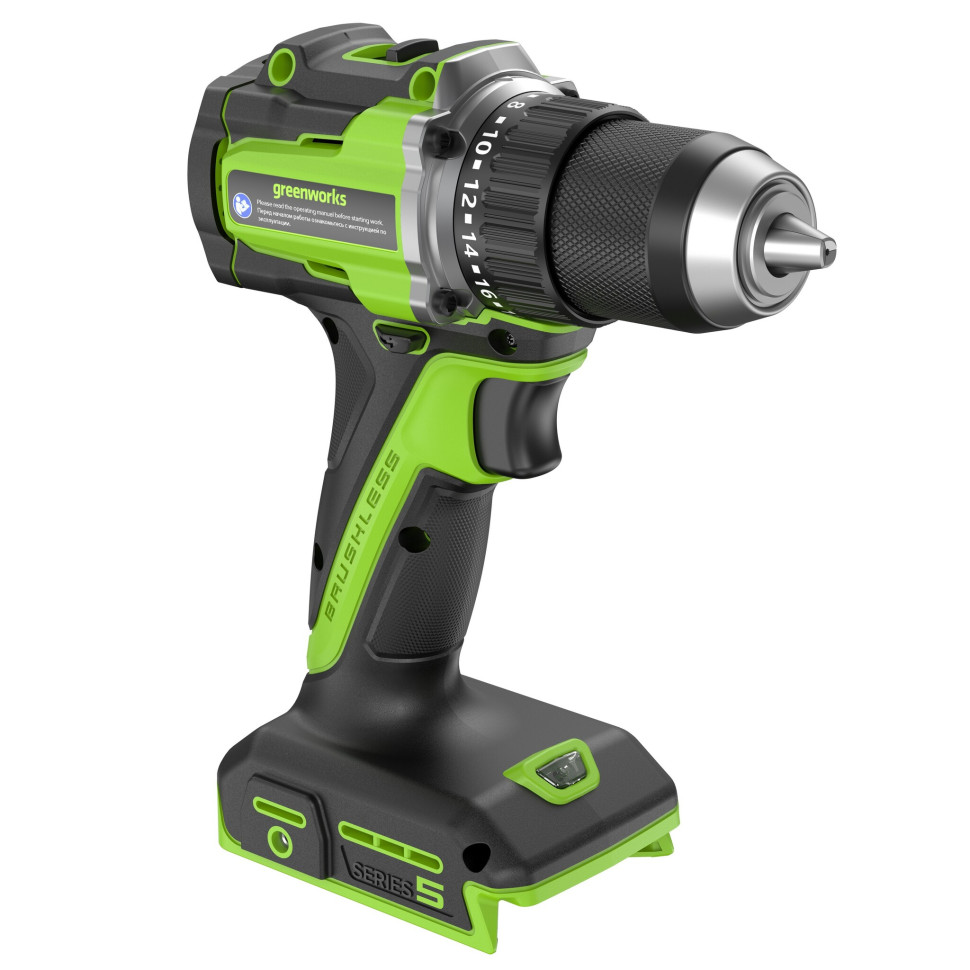 Дрель-шуруповерт акк. Greenworks DD560,24V, б/щет, 0-500/0-2000 об/мин, 30/60 Нм,13мм, Antikickback,LED,без АКБ и ЗУ