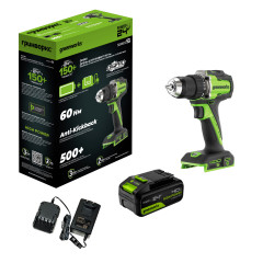 Аккумуляторная дрель-шуруповерт Greenworks DD560k4, 24v, 30/60 Нм, 13мм, Anti-kickback, 1х4Ач,ЗУ