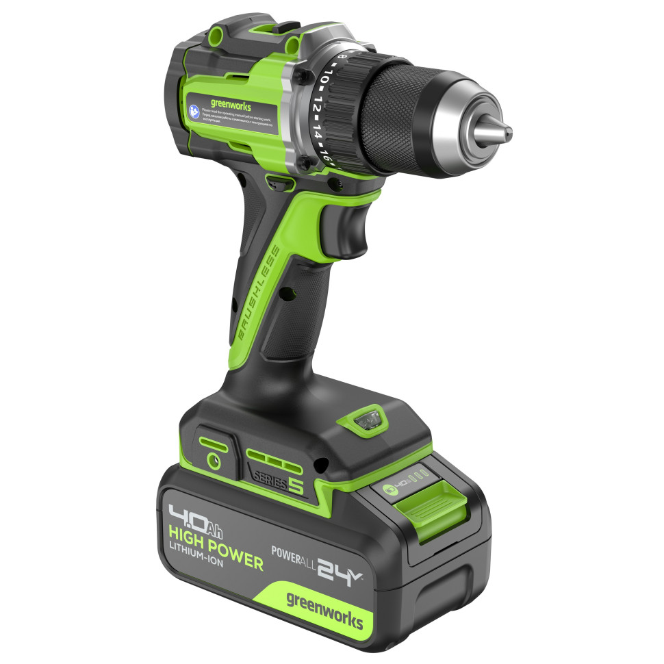Аккумуляторная дрель-шуруповерт Greenworks DD560k4, 24v, 30/60 Нм, 13мм, Anti-kickback, 1х4Ач,ЗУ