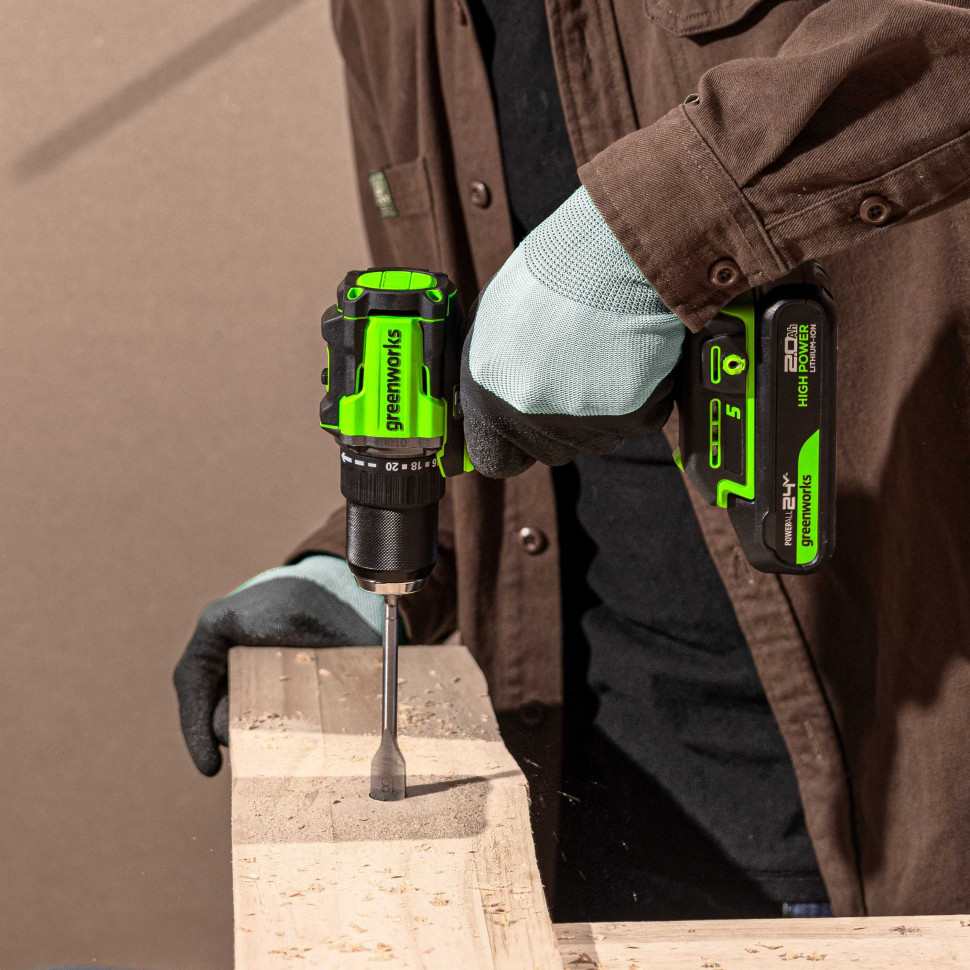 Аккумуляторная дрель-шуруповерт Greenworks DD560k4, 24v, 30/60 Нм, 13мм, Anti-kickback, 1х4Ач,ЗУ
