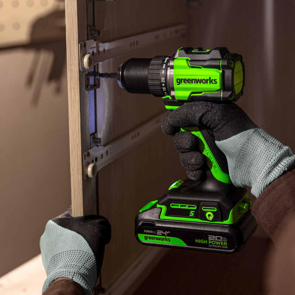 Аккумуляторная дрель-шуруповерт Greenworks DD560k4, 24v, 30/60 Нм, 13мм, Anti-kickback, 1х4Ач,ЗУ