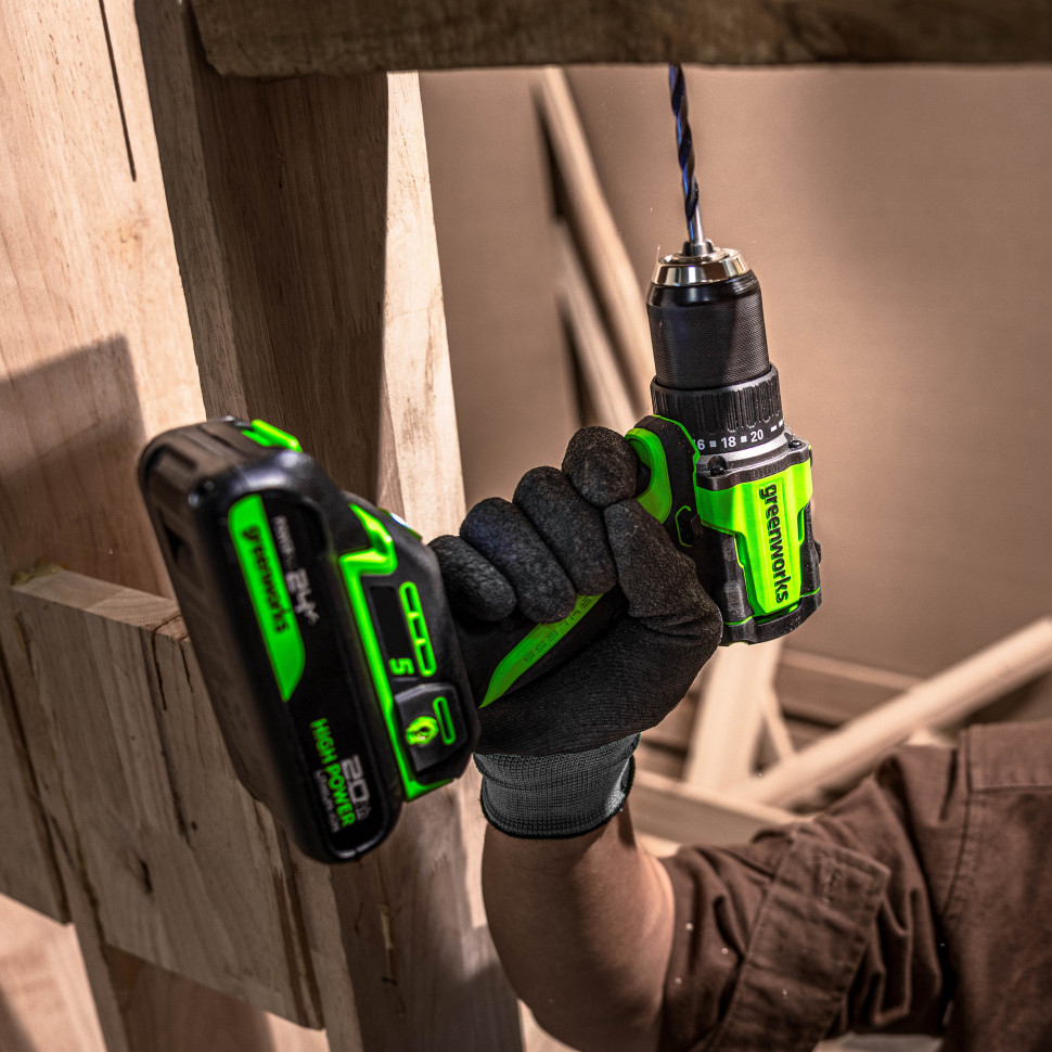 Аккумуляторная дрель-шуруповерт Greenworks DD560k4, 24v, 30/60 Нм, 13мм, Anti-kickback, 1х4Ач,ЗУ