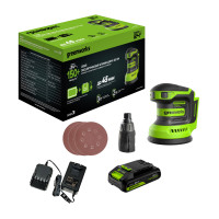 Эксцентриковая шлифмашина акк. Greenworks OS325, 24V, 125 мм, 5000-8000-11000 об/мин, амплитуда 2.4 мм,1х2Ач,ЗУ,коробка