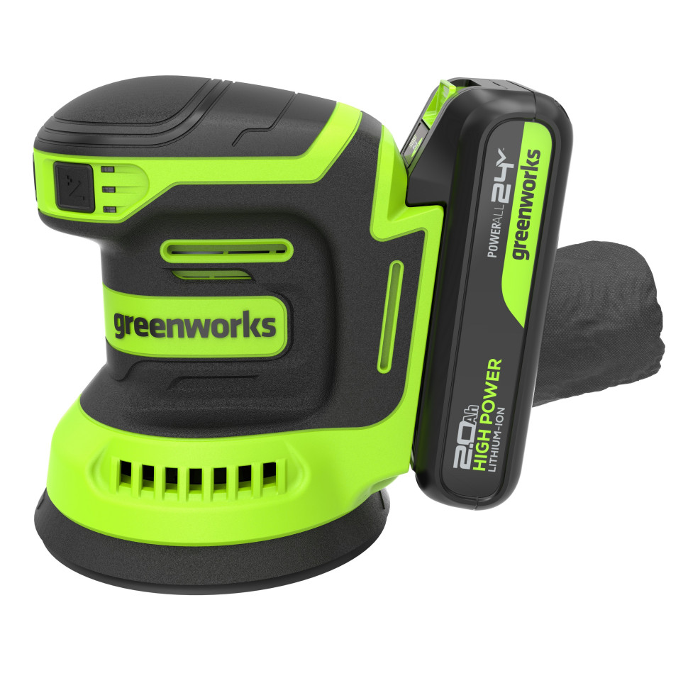 Эксцентриковая шлифмашина акк. Greenworks OS325, 24V, 125 мм, 5000-8000-11000 об/мин, амплитуда 2.4 мм,1х2Ач,ЗУ,коробка